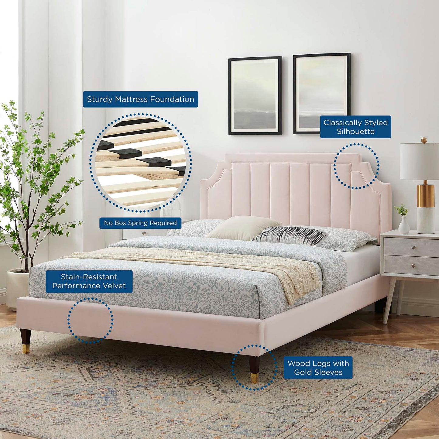 Sienna Performance Velvet Twin Platform Bed, Velvet, Pink, 23494
