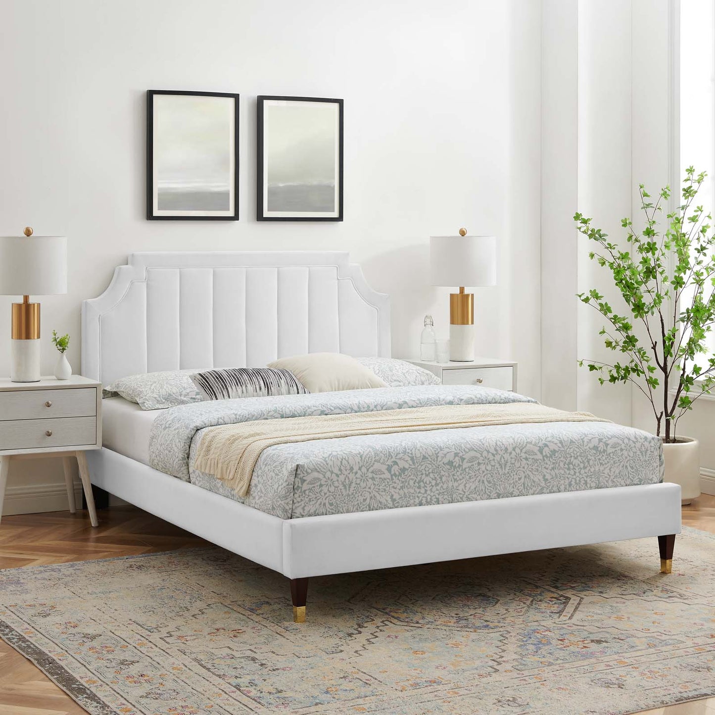 Sienna Performance Velvet Twin Platform Bed, Velvet, White, 23496