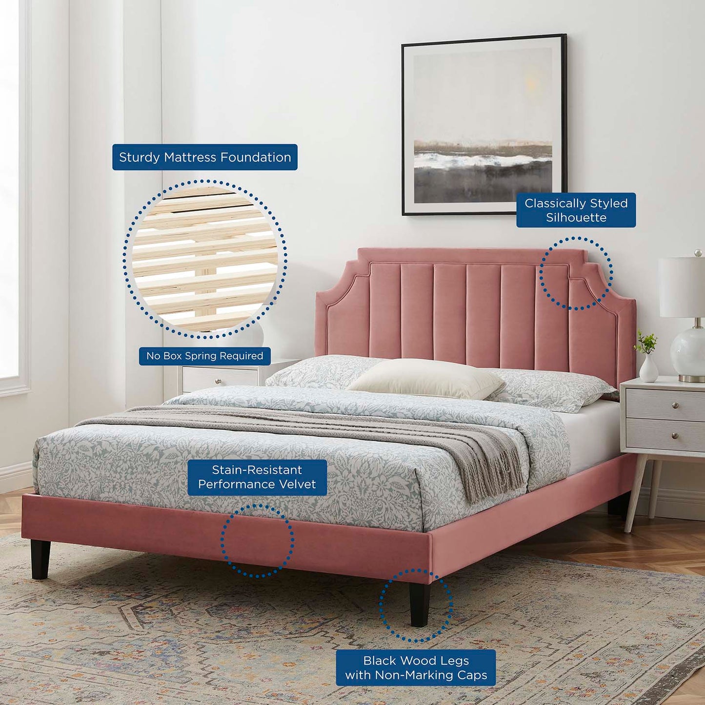 Sienna Performance Velvet Twin Platform Bed, Velvet, Pink, 23498