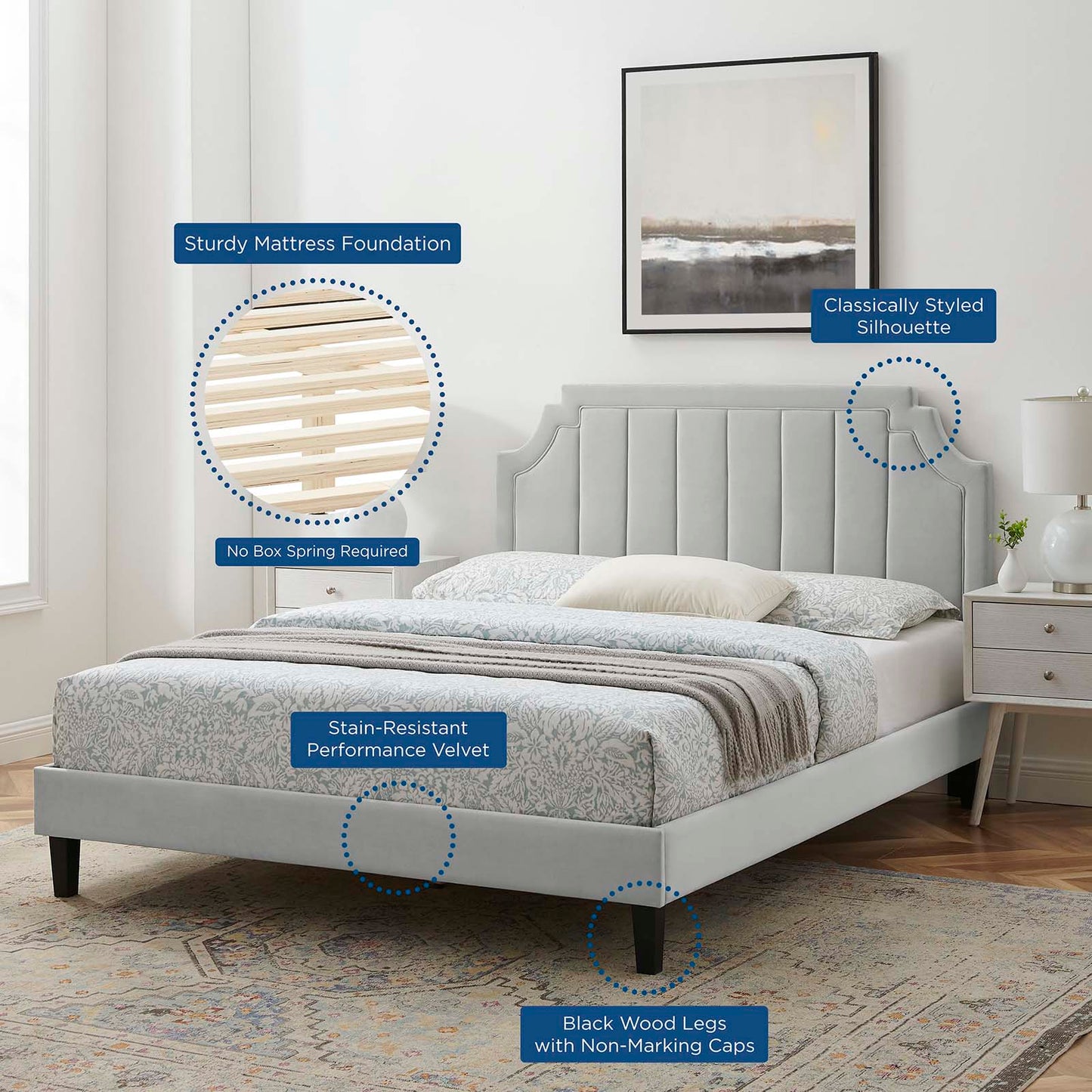 Sienna Performance Velvet Twin Platform Bed, Velvet, Light Grey Gray, 23499
