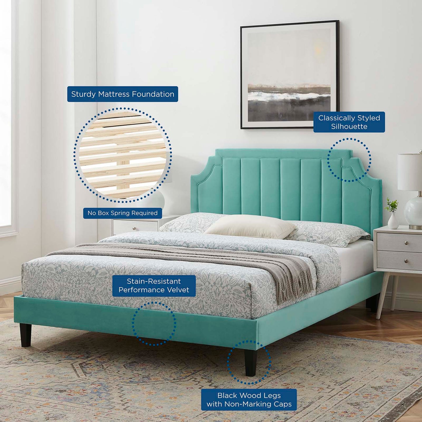 Sienna Performance Velvet Twin Platform Bed, Velvet, Blue, 23500