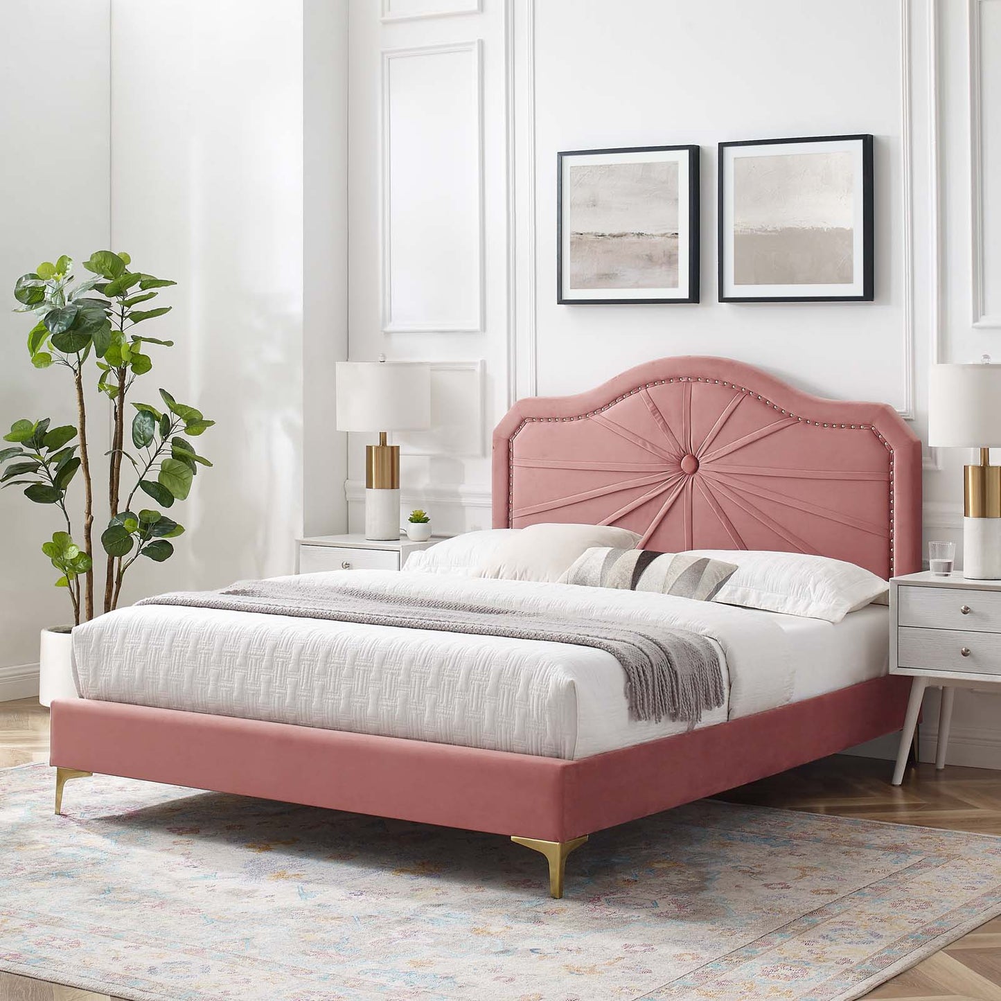 Portia Performance Velvet Full Platform Bed, Velvet, Pink, 23506