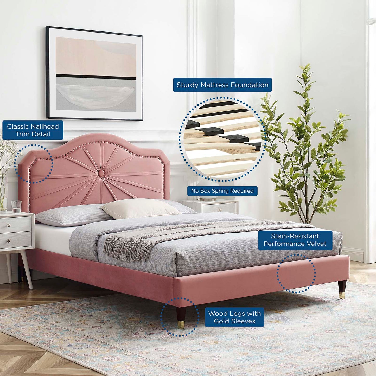 Portia Performance Velvet Full Platform Bed, Velvet, Pink, 23514