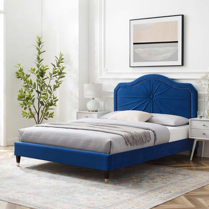 Portia Performance Velvet Full Platform Bed, Velvet, Blue Navy, 23517