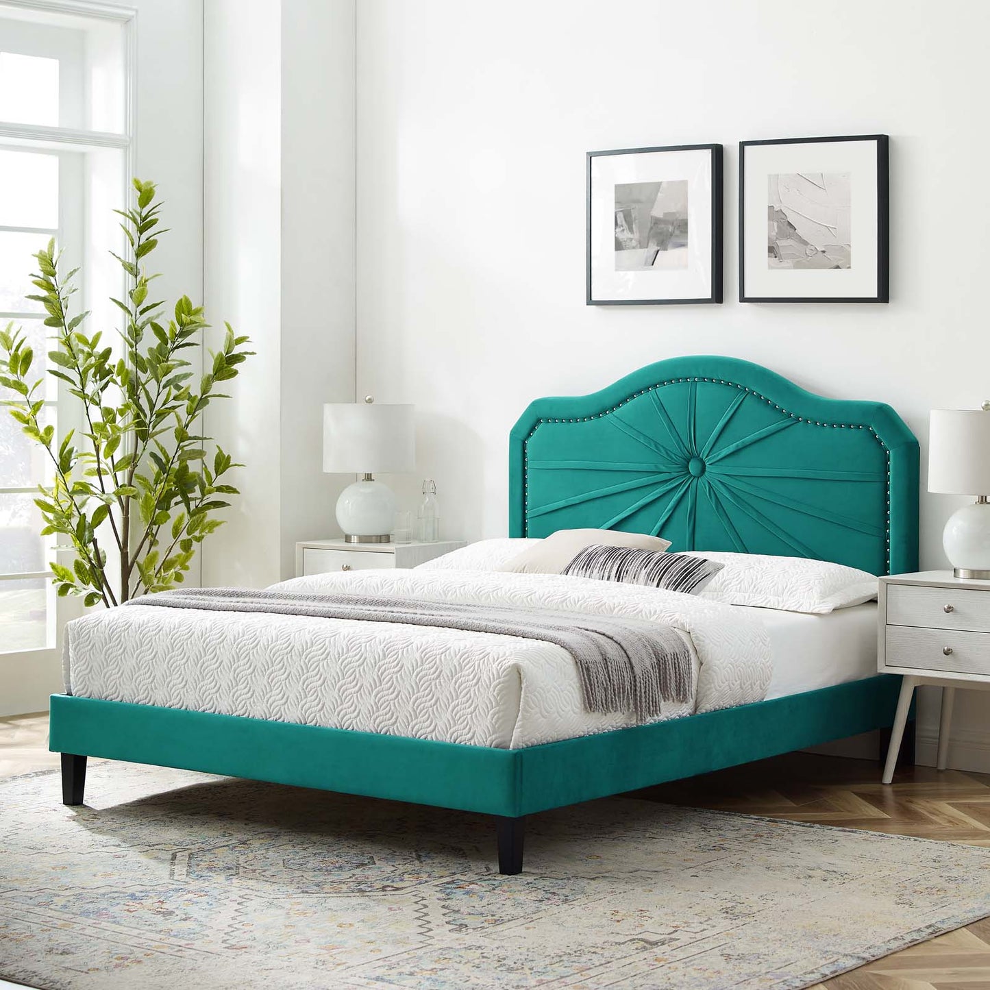 Portia Performance Velvet Full Platform Bed, Velvet, Teal Blue, 23527