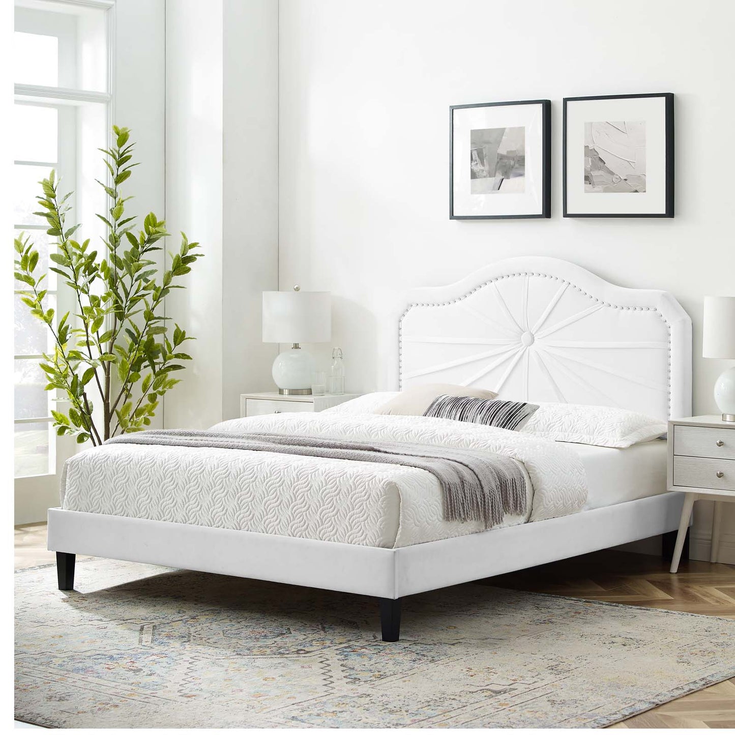 Portia Performance Velvet Full Platform Bed, Velvet, White, 23528