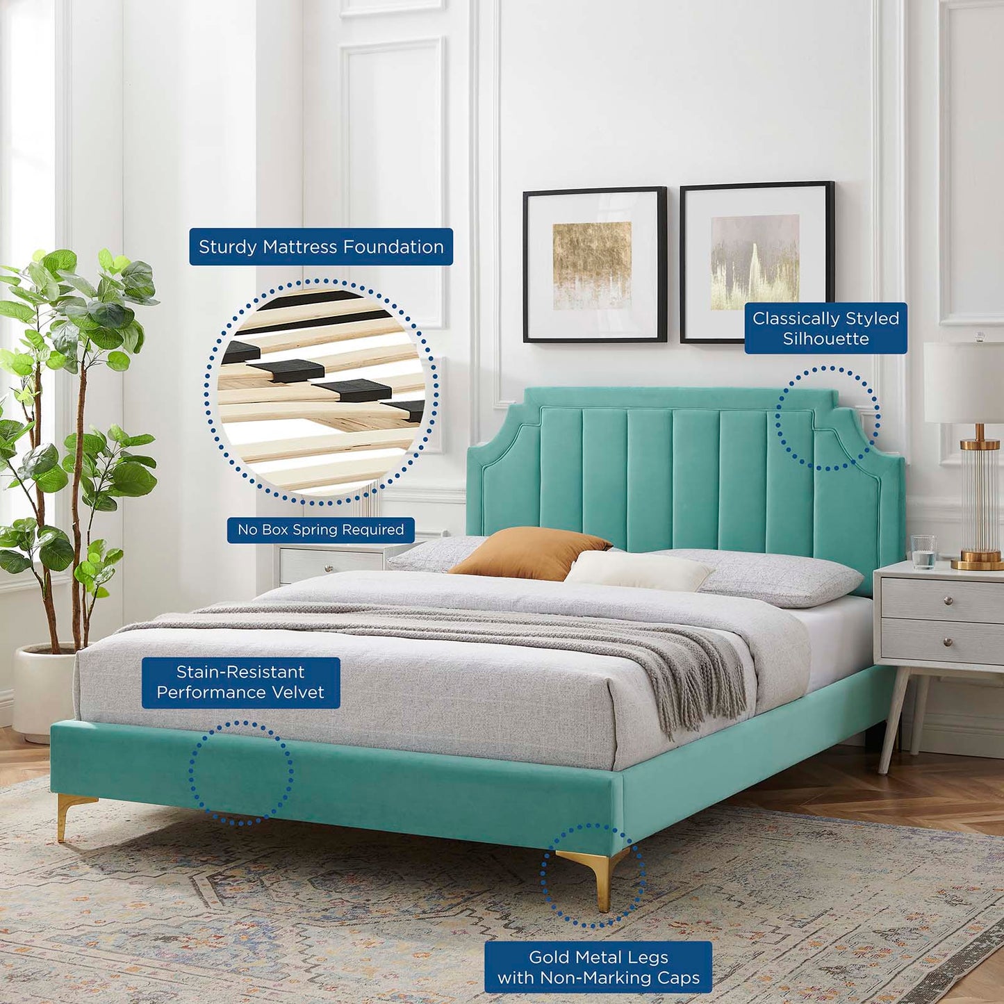 Sienna Performance Velvet Full Platform Bed, Velvet, Blue, 23532