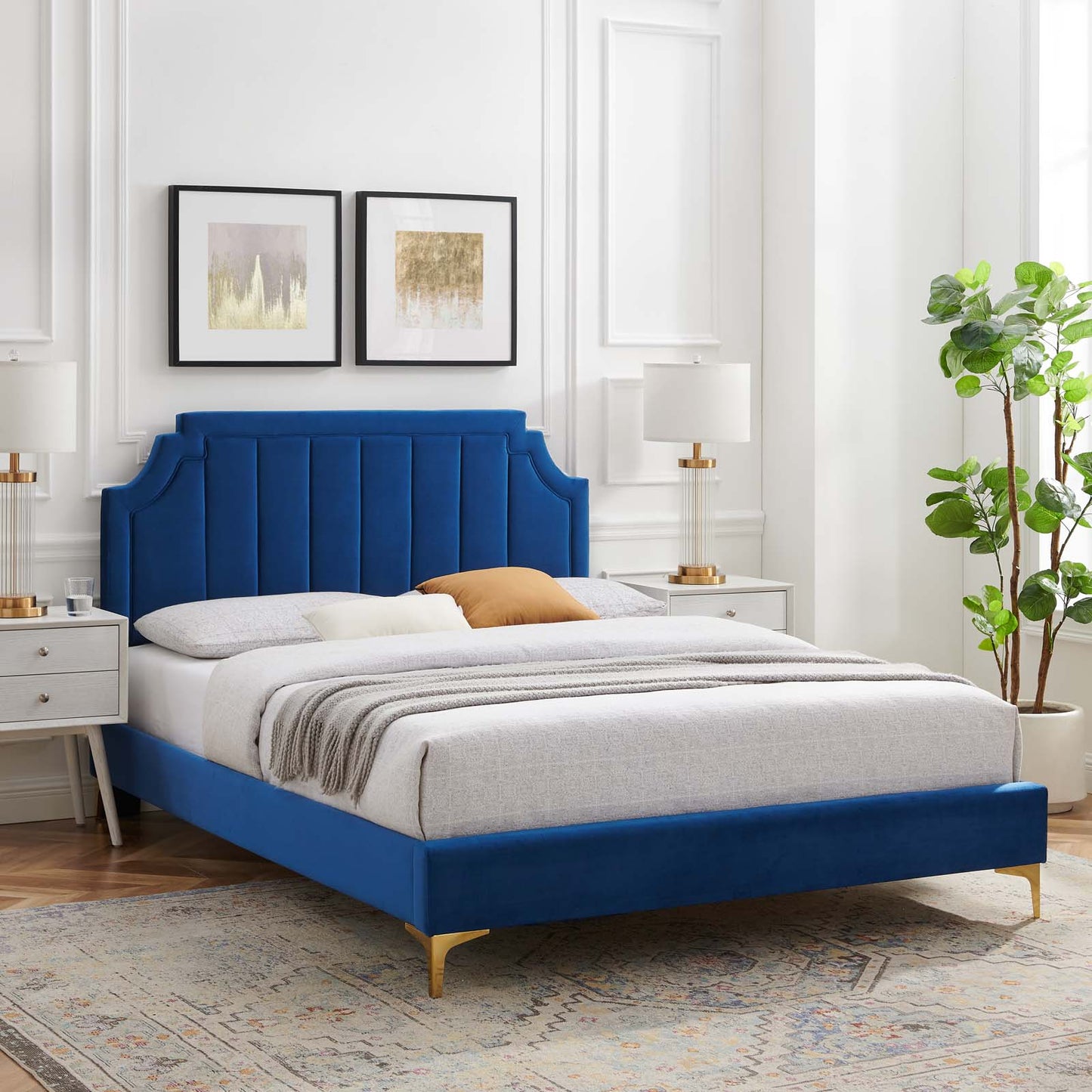 Sienna Performance Velvet Full Platform Bed, Velvet, Blue Navy, 23533