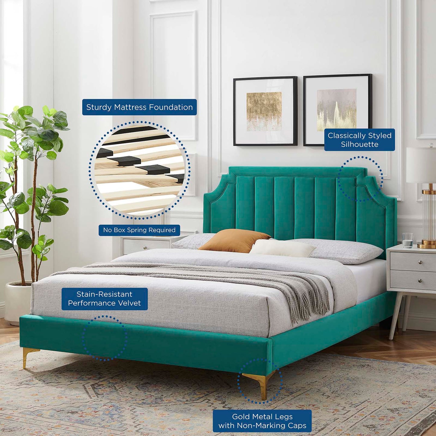 Sienna Performance Velvet Full Platform Bed, Velvet, Teal Blue, 23535