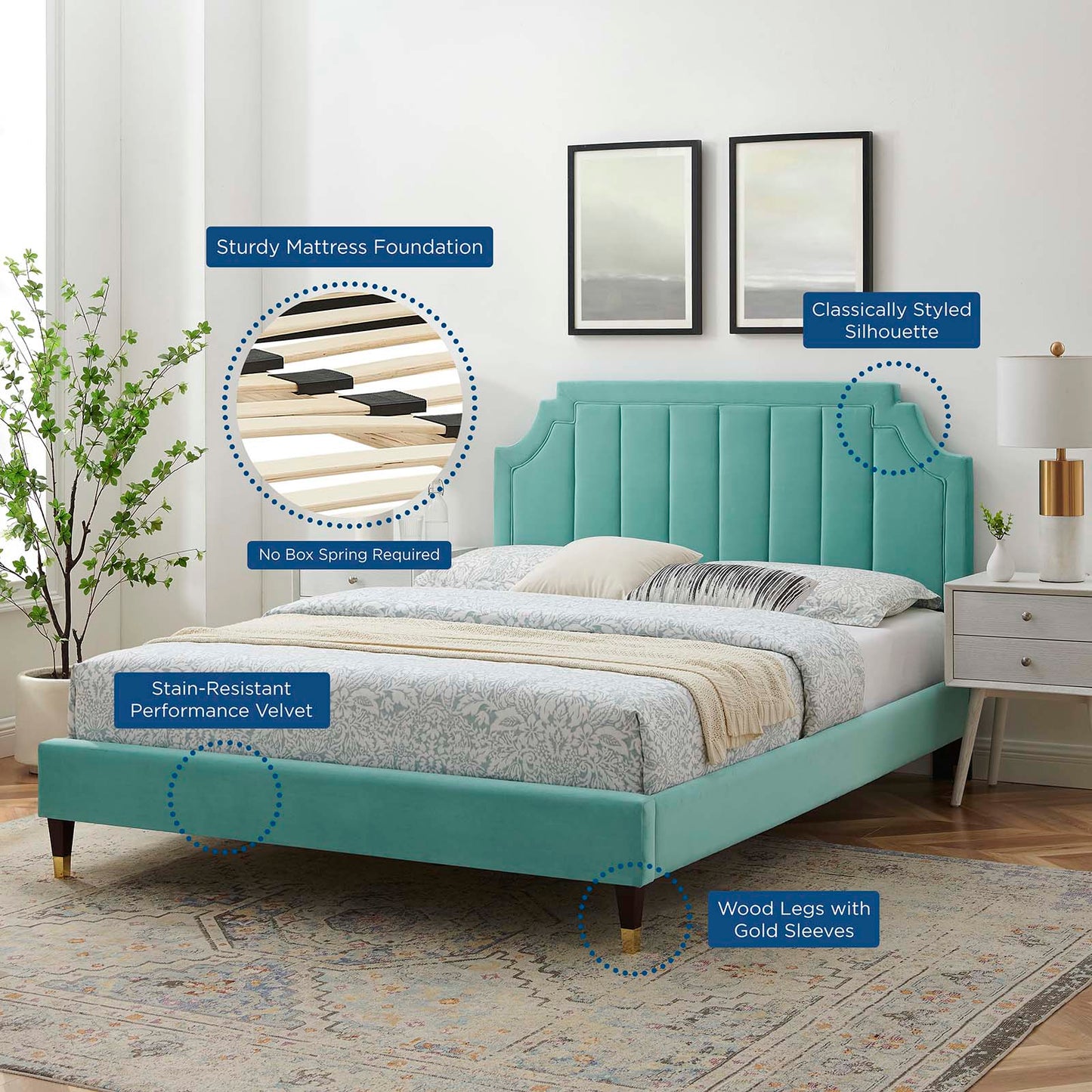 Sienna Performance Velvet Full Platform Bed, Velvet, Blue, 23540