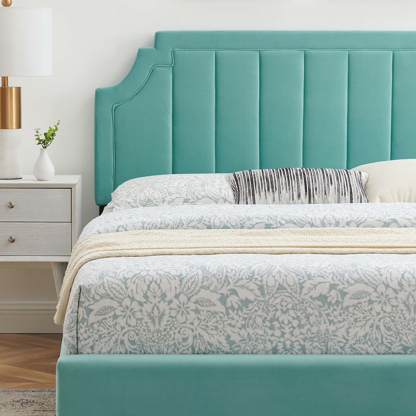 Sienna Performance Velvet Full Platform Bed, Velvet, Blue, 23540