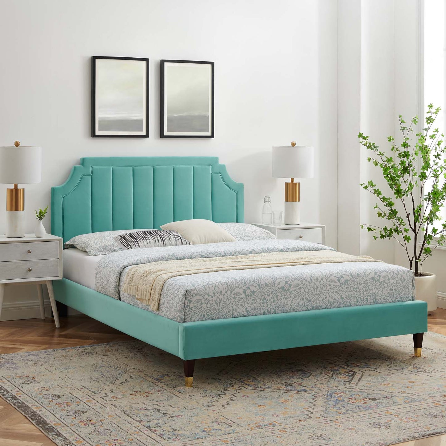 Sienna Performance Velvet Full Platform Bed, Velvet, Blue, 23540