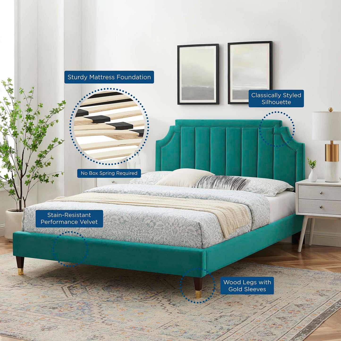 Sienna Performance Velvet Full Platform Bed, Velvet, Teal Blue, 23543