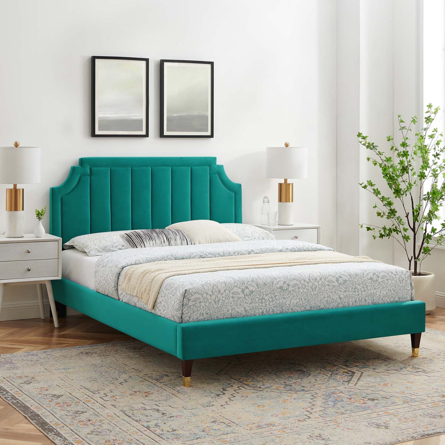 Sienna Performance Velvet Full Platform Bed, Velvet, Teal Blue, 23543
