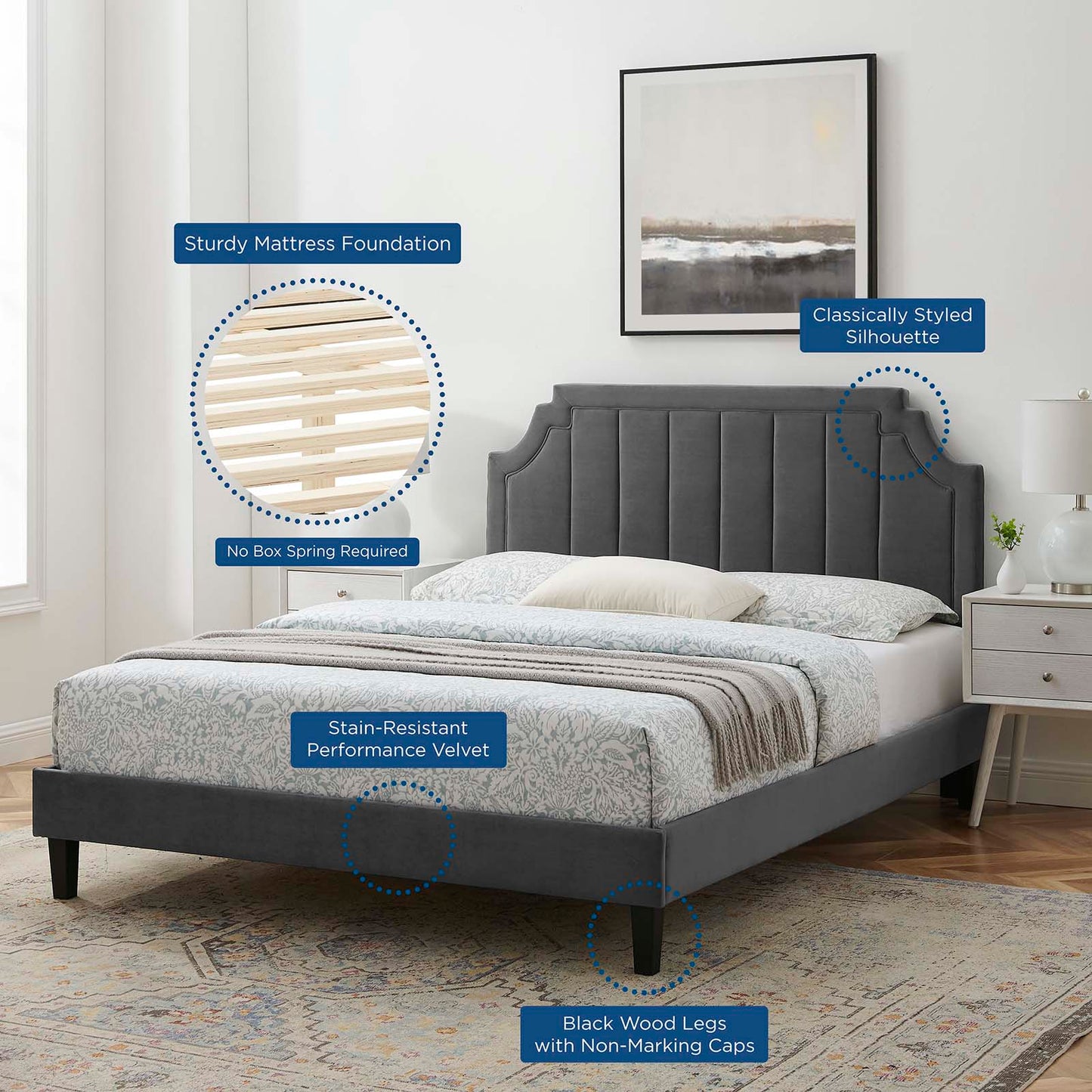 Sienna Performance Velvet Full Platform Bed, Velvet, Dark Grey Gray, 23545