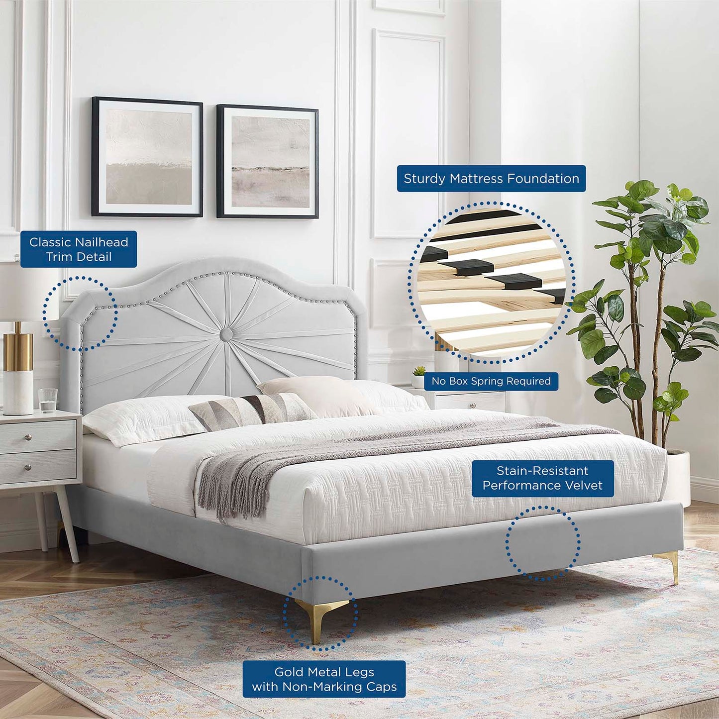 Portia Performance Velvet King Platform Bed, Velvet, Light Grey Gray, 23555