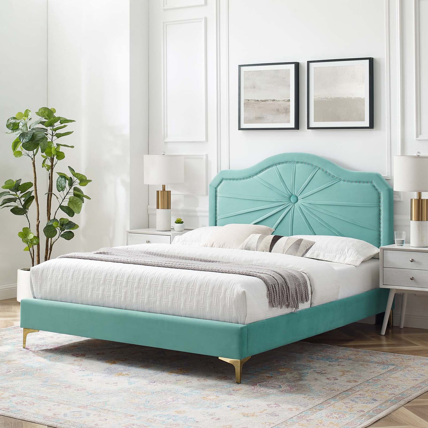 Portia Performance Velvet King Platform Bed, Velvet, Blue, 23556
