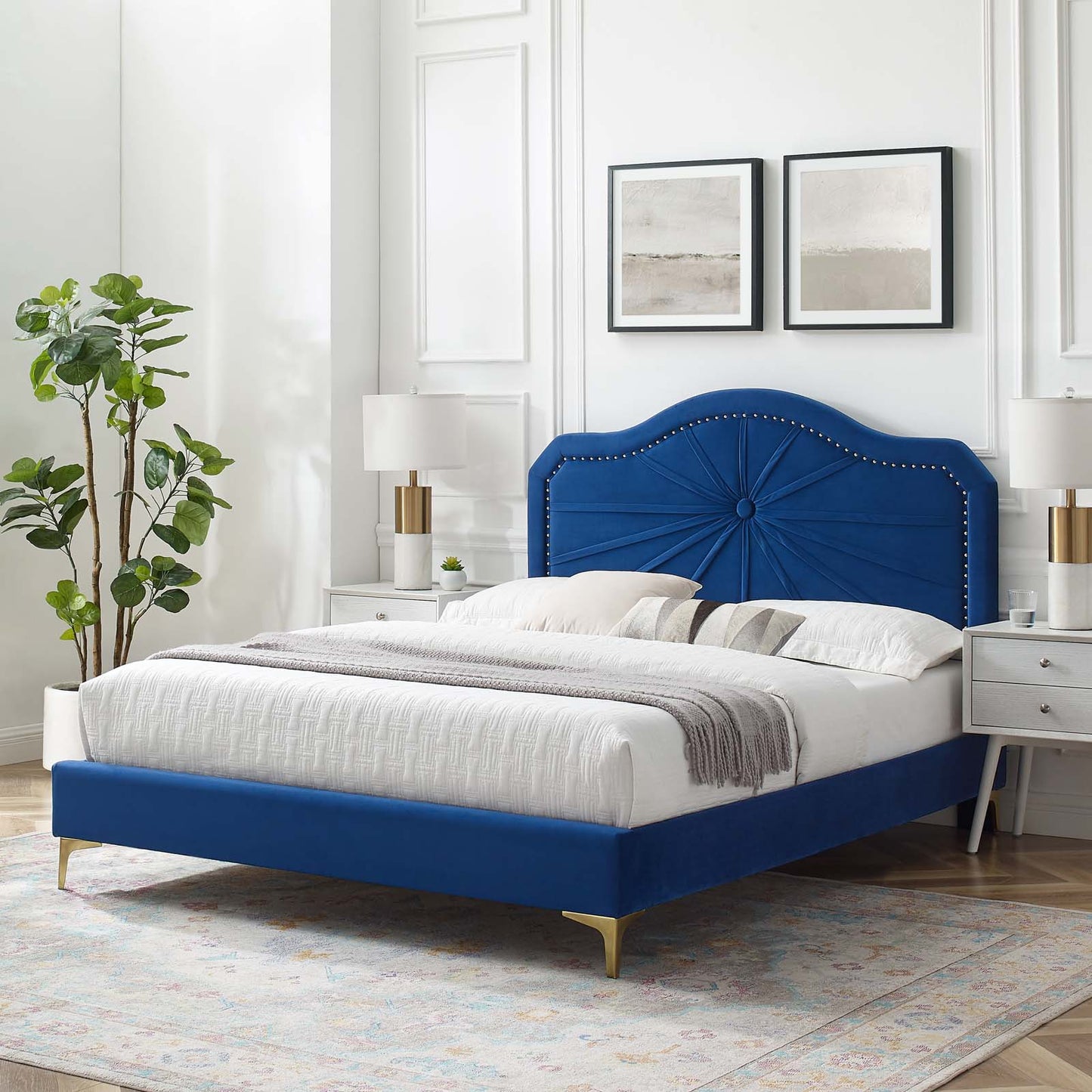 Portia Performance Velvet King Platform Bed, Velvet, Blue Navy, 23557