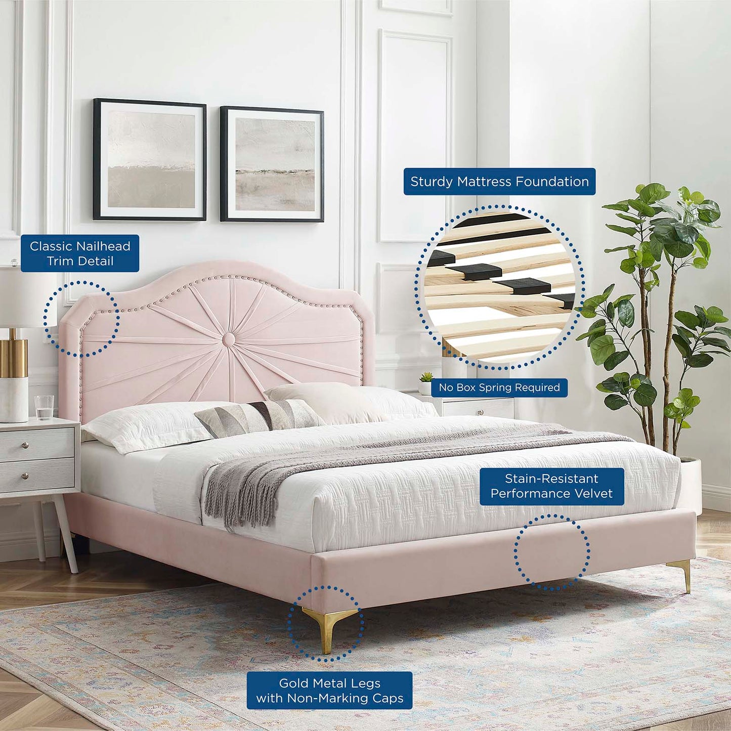 Portia Performance Velvet King Platform Bed, Velvet, Pink, 23558