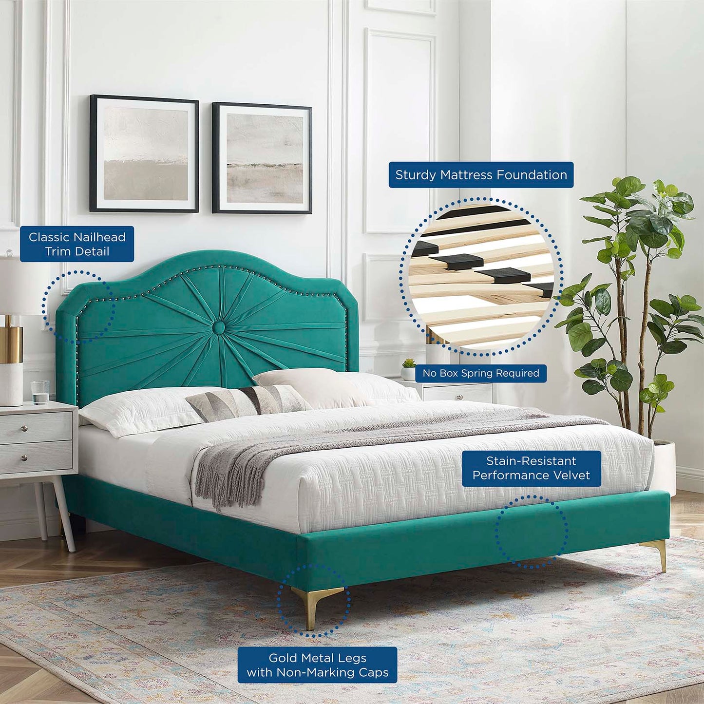 Portia Performance Velvet King Platform Bed, Velvet, Teal Blue, 23559