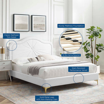 Portia Performance Velvet King Platform Bed, Velvet, White, 23560