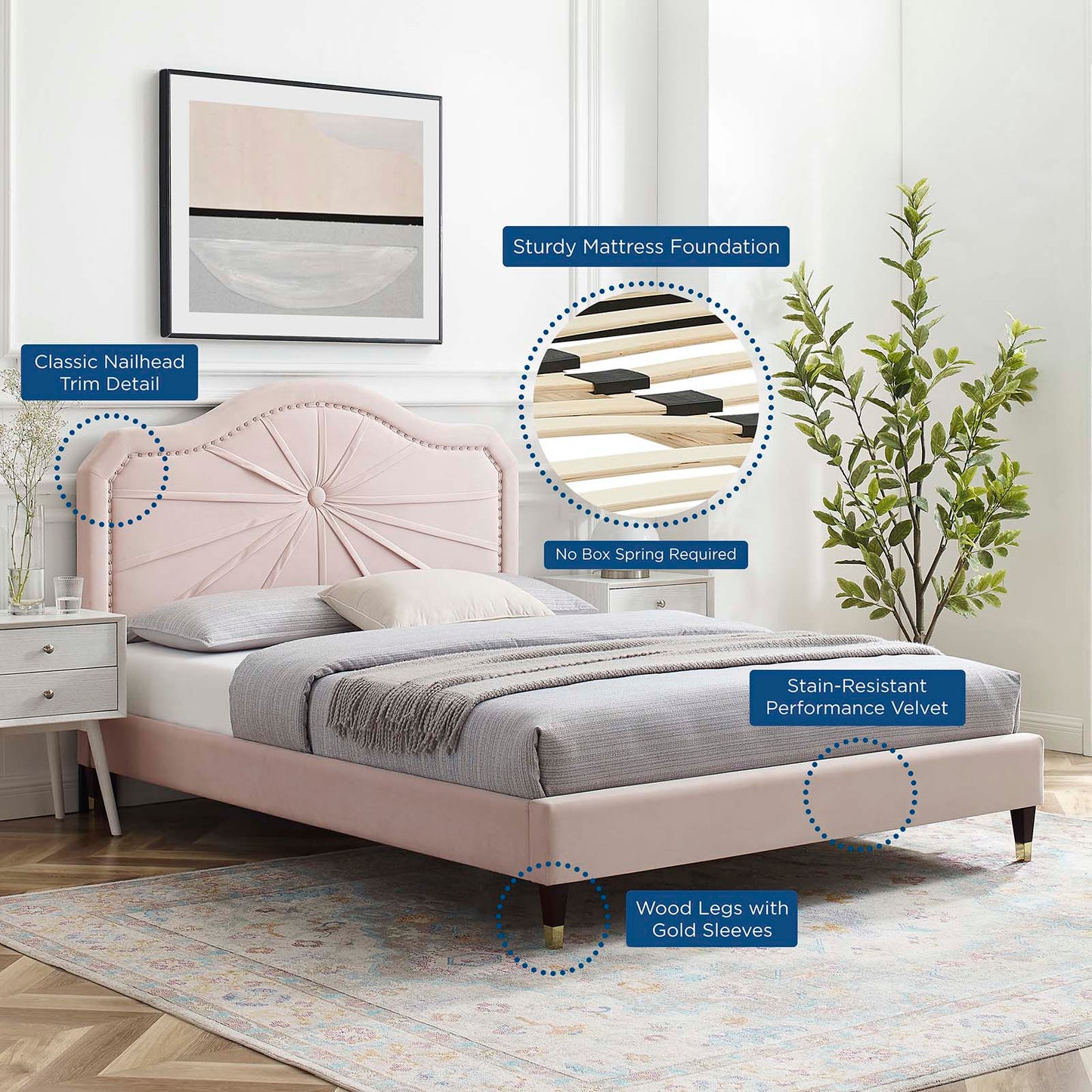 Portia Performance Velvet King Platform Bed, Velvet, Pink, 23566