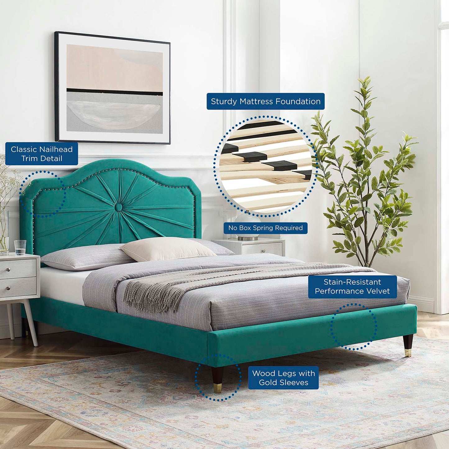 Portia Performance Velvet King Platform Bed, Velvet, Teal Blue, 23567