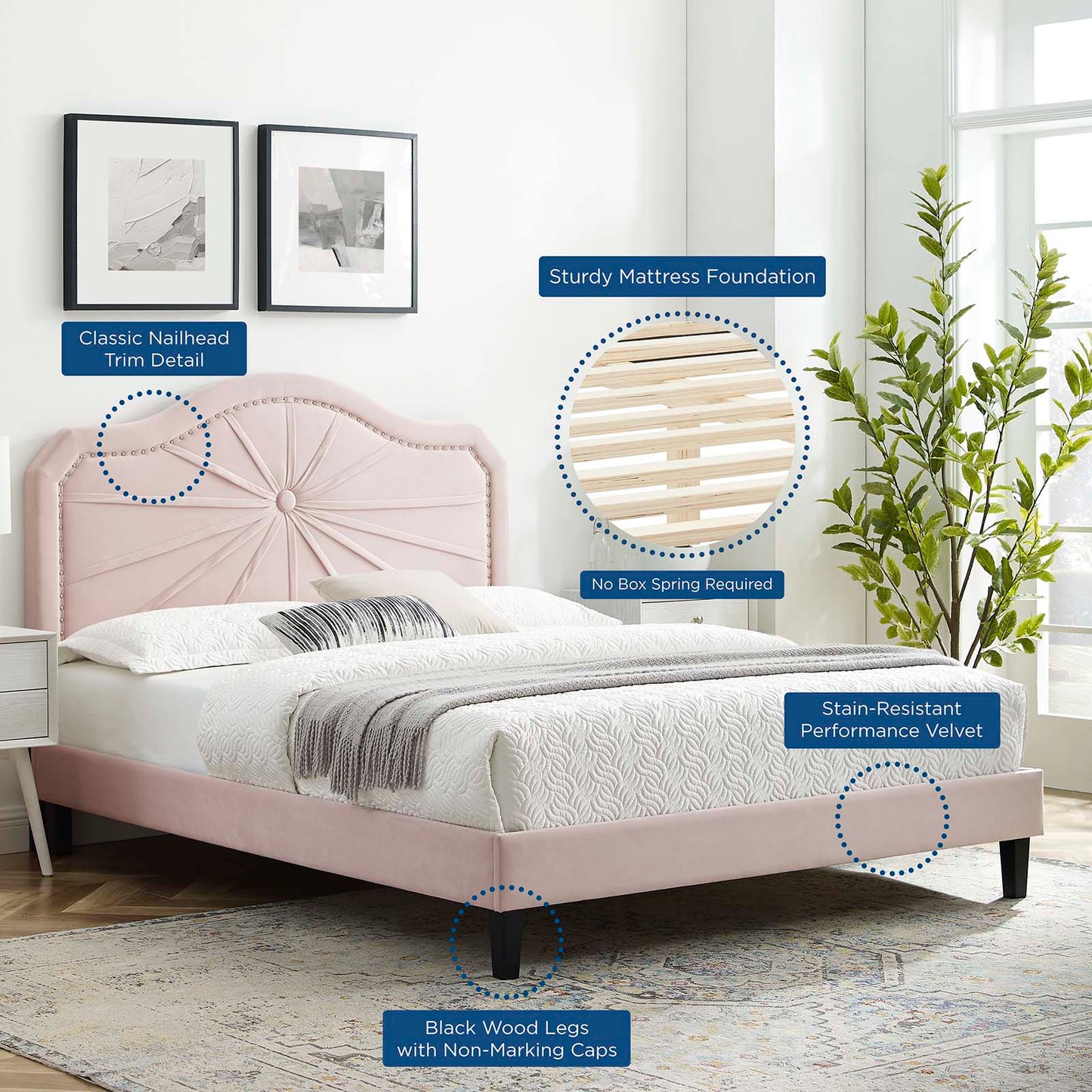 Portia Performance Velvet King Platform Bed, Velvet, Pink, 23574