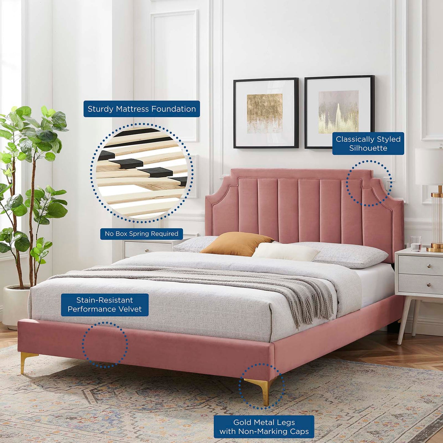Sienna Performance Velvet King Platform Bed, Velvet, Pink, 23578