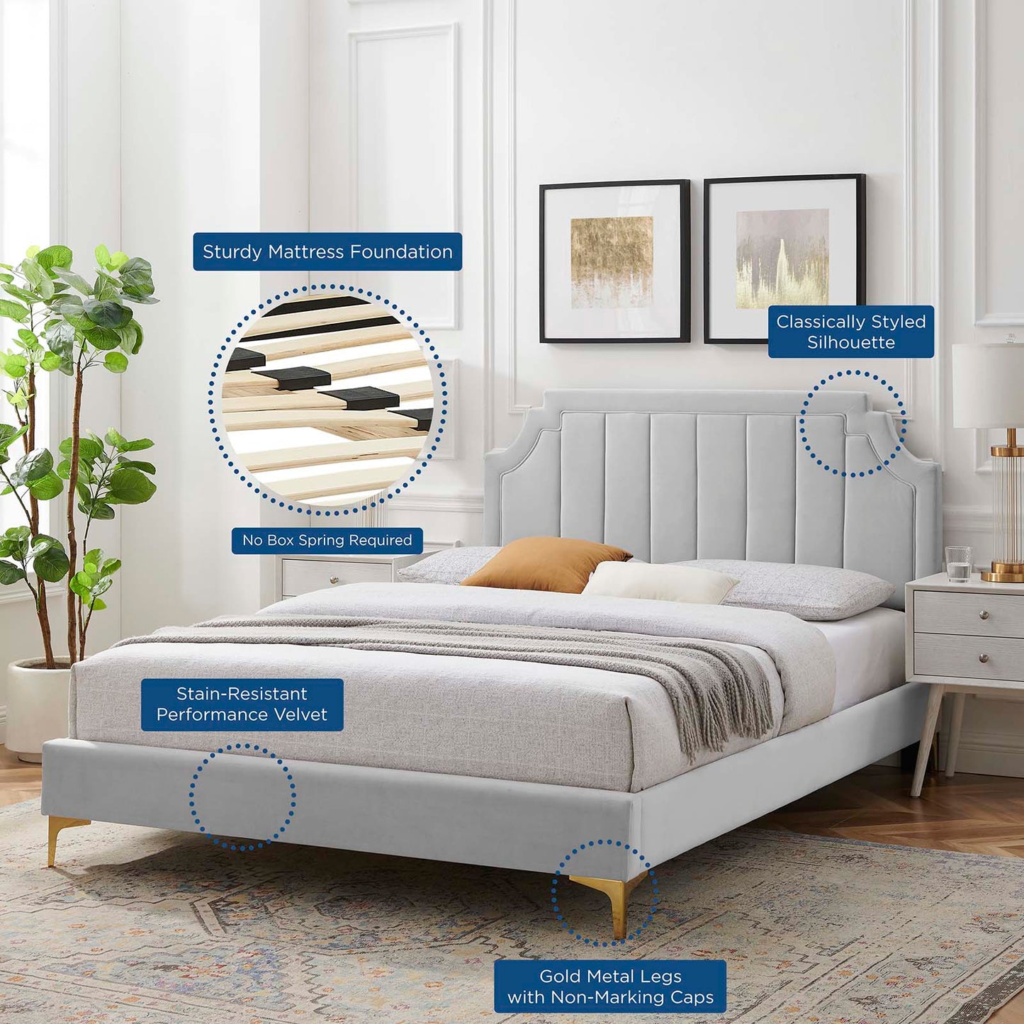 Sienna Performance Velvet King Platform Bed, Velvet, Light Grey Gray, 23579