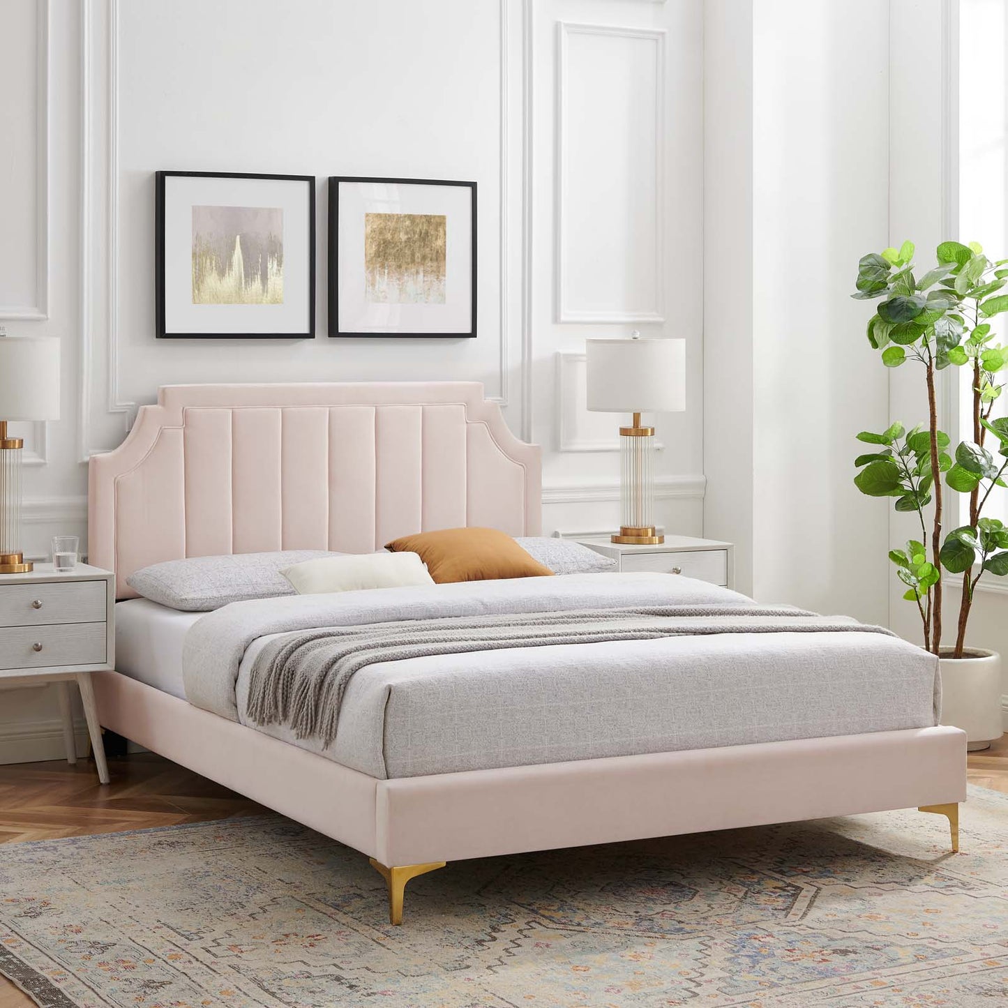 Sienna Performance Velvet King Platform Bed, Velvet, Pink, 23582