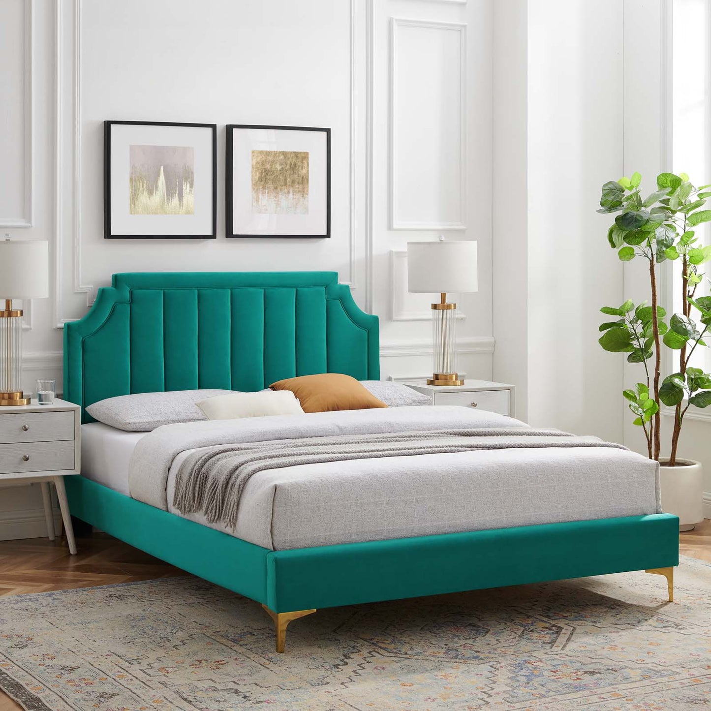 Sienna Performance Velvet King Platform Bed, Velvet, Teal Blue, 23583
