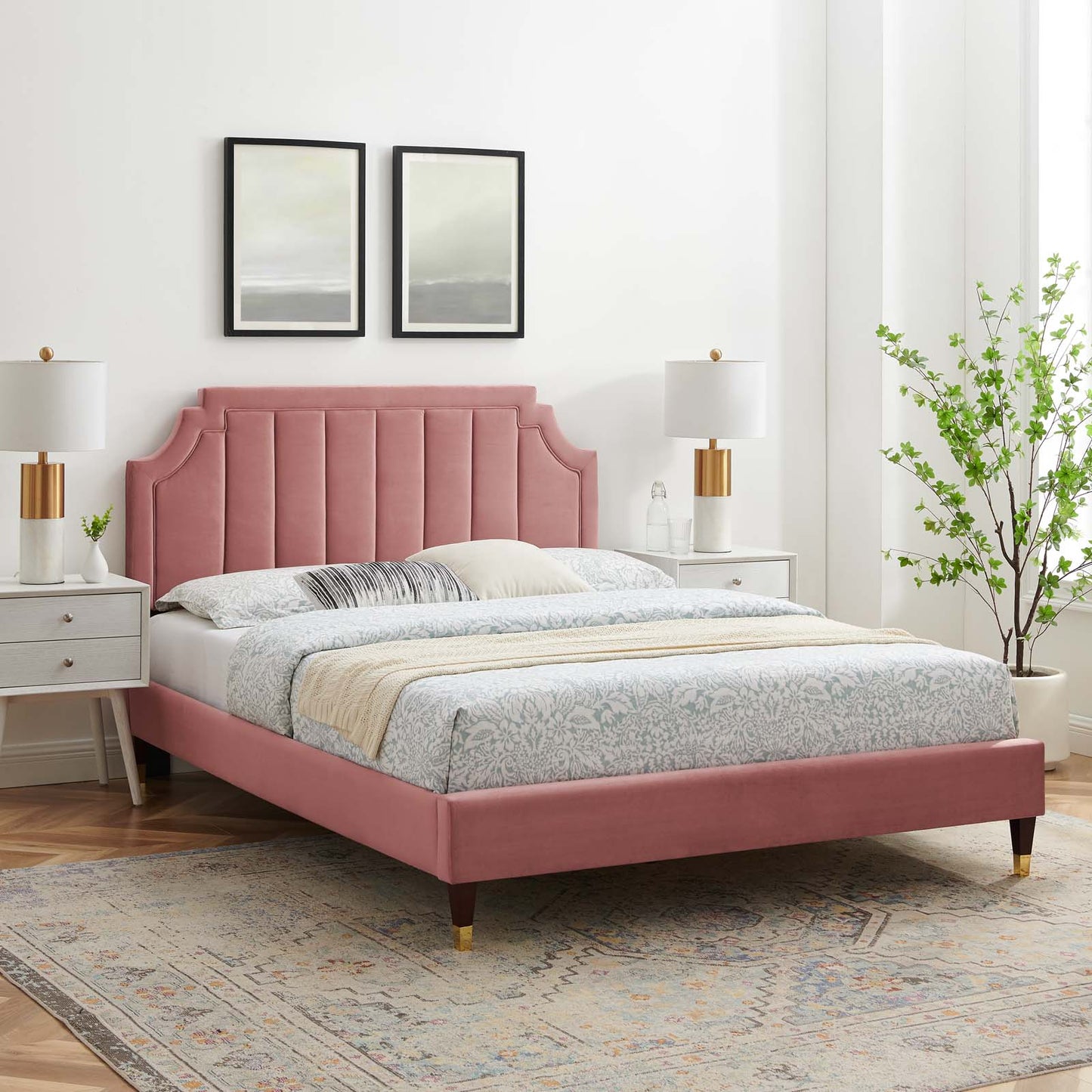 Sienna Performance Velvet King Platform Bed, Velvet, Pink, 23586