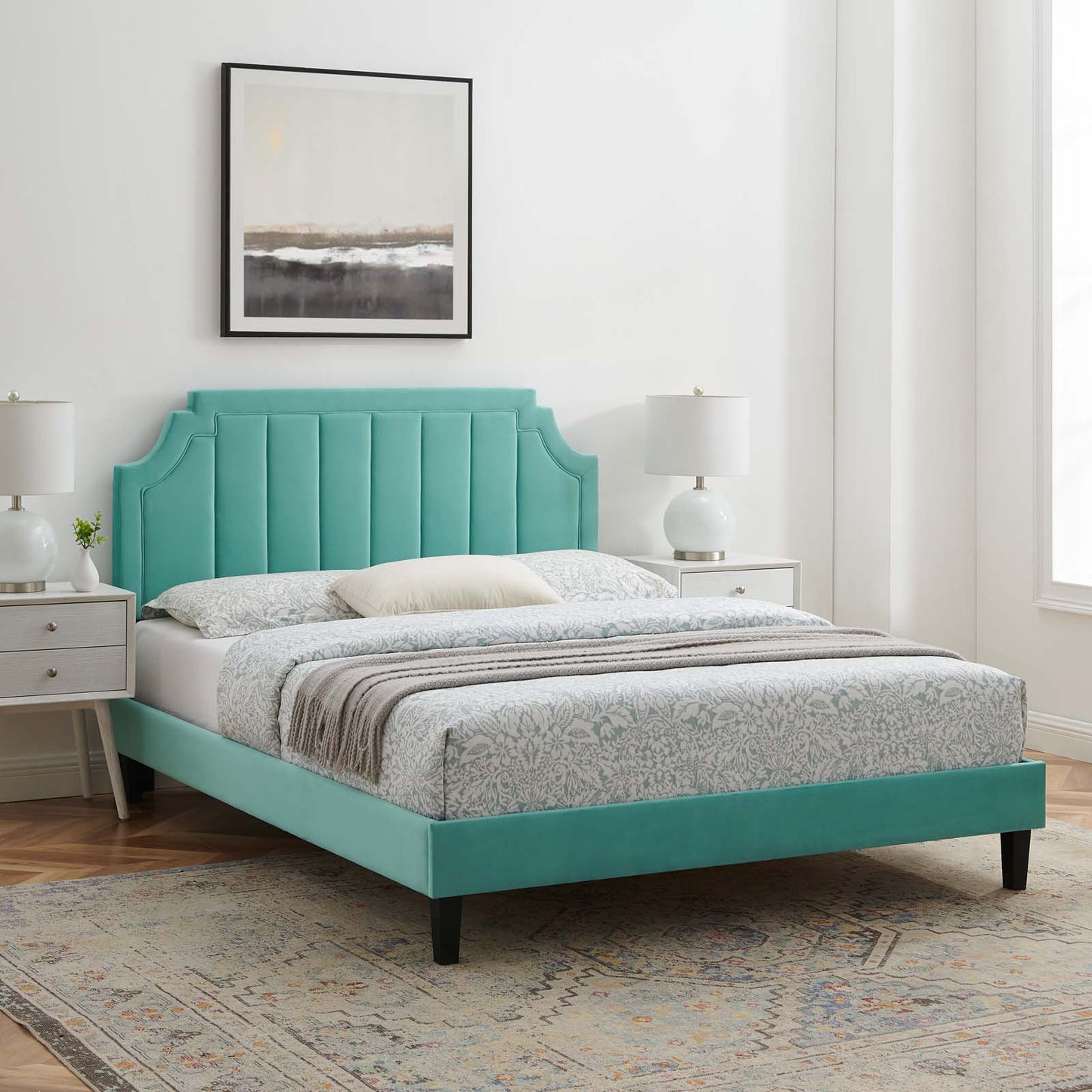 Sienna Performance Velvet King Platform Bed, Velvet, Blue, 23596