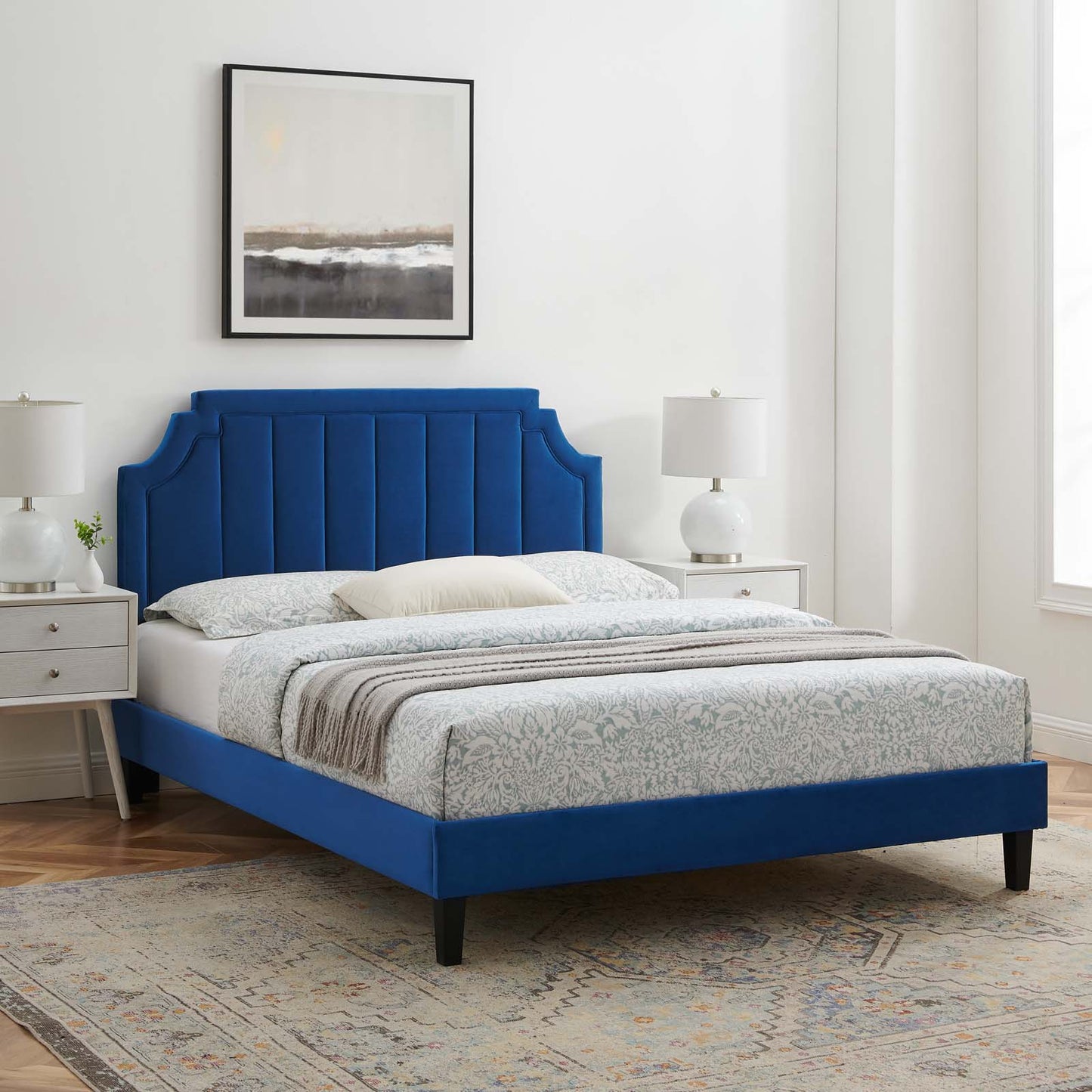 Sienna Performance Velvet King Platform Bed, Velvet, Blue Navy, 23597