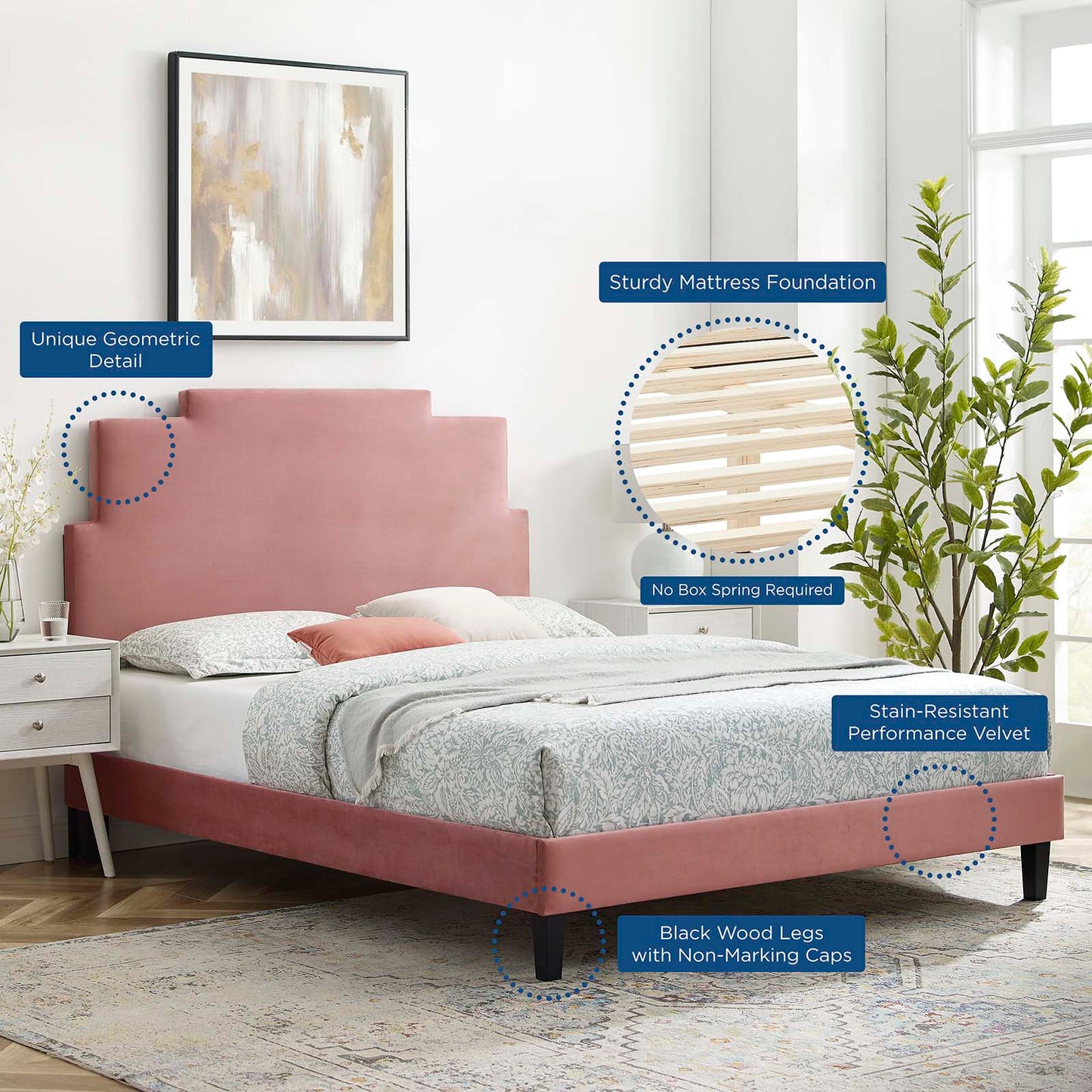 Lindsey Performance Velvet Full Platform Bed, Velvet, Pink, 22931