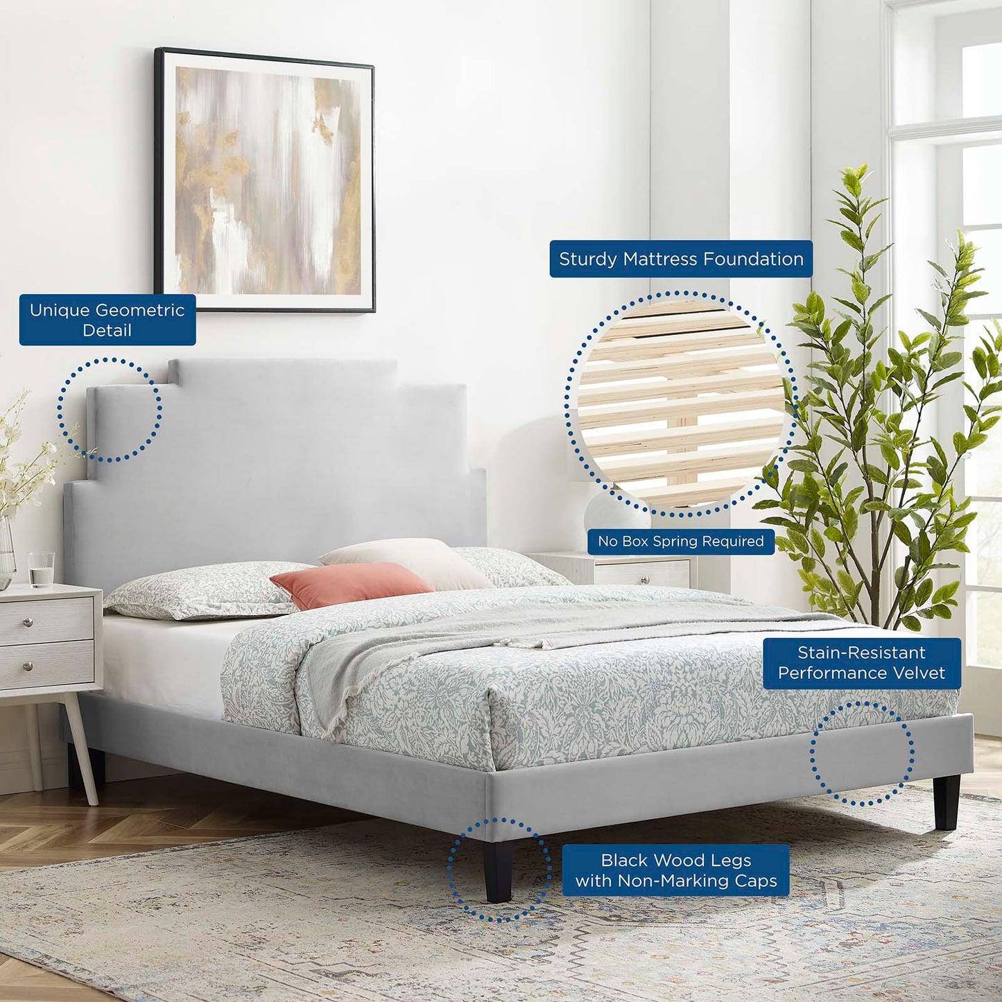 Lindsey Performance Velvet Full Platform Bed, Velvet, Light Grey Gray, 22932
