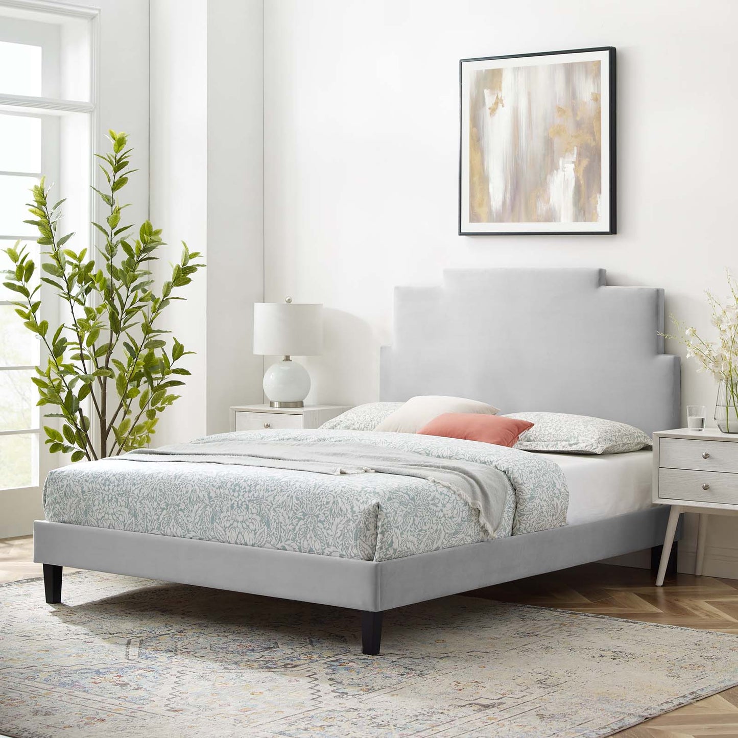 Lindsey Performance Velvet Full Platform Bed, Velvet, Light Grey Gray, 22932