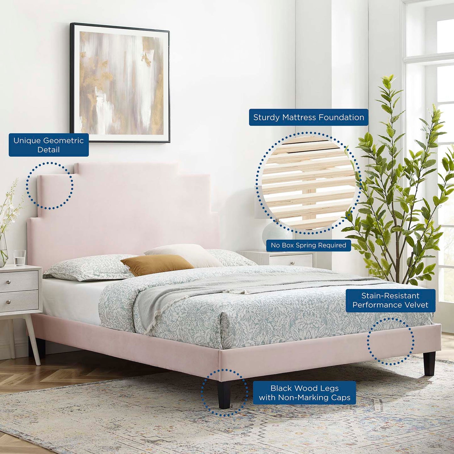 Lindsey Performance Velvet Full Platform Bed, Velvet, Pink, 22935