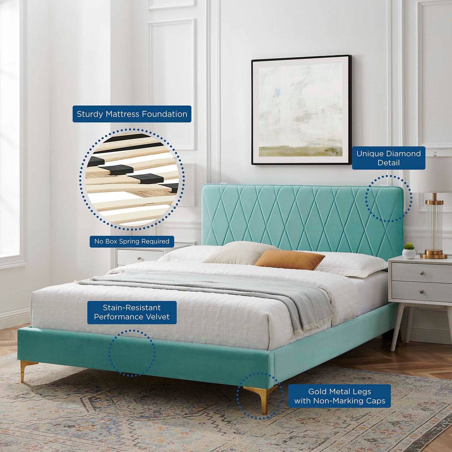 Phillipa Performance Velvet Full Platform Bed, Velvet, Blue, 22941