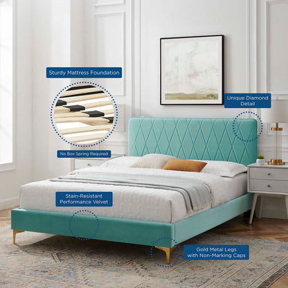 Phillipa Performance Velvet Full Platform Bed, Velvet, Blue, 22941