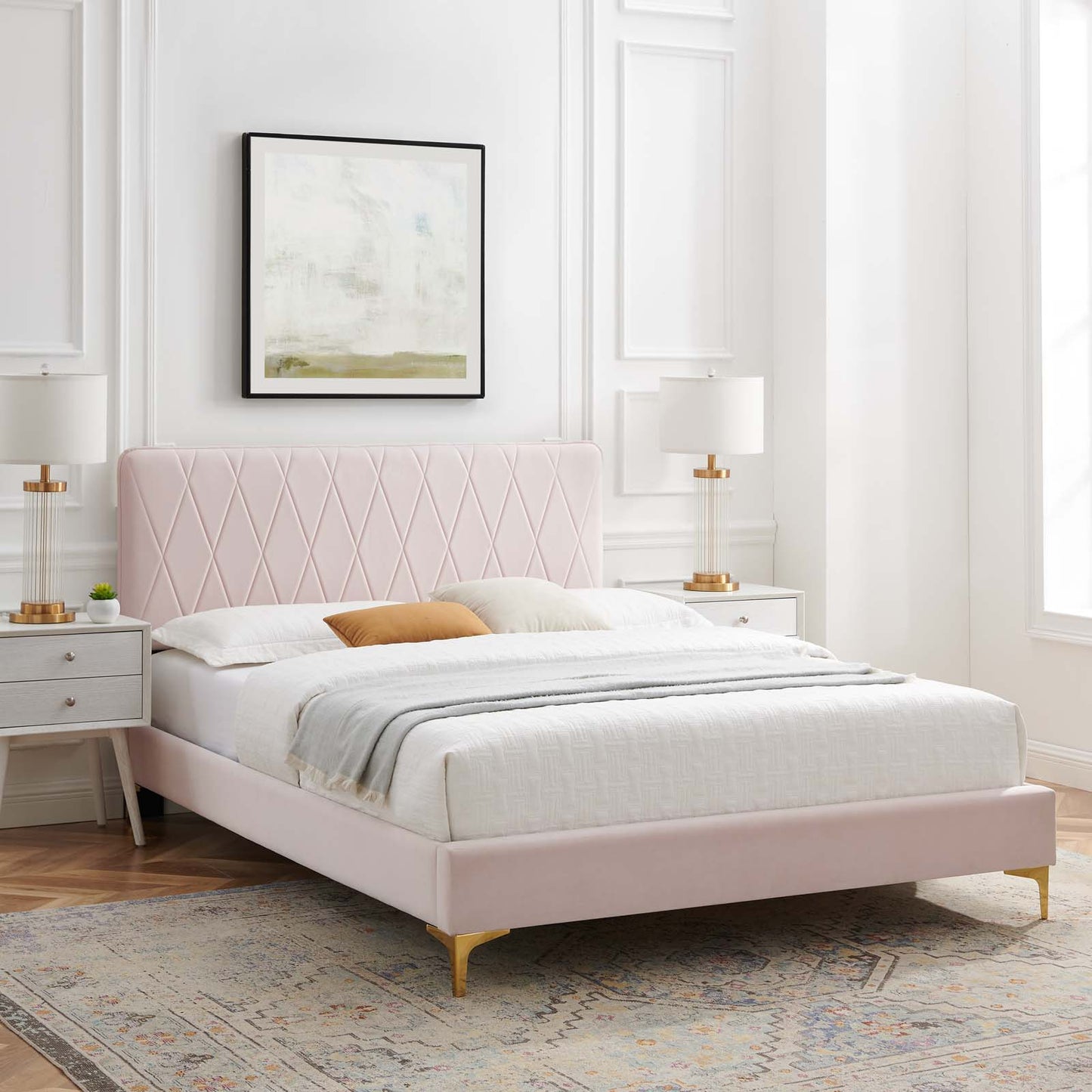 Phillipa Performance Velvet Full Platform Bed, Velvet, Pink, 22943