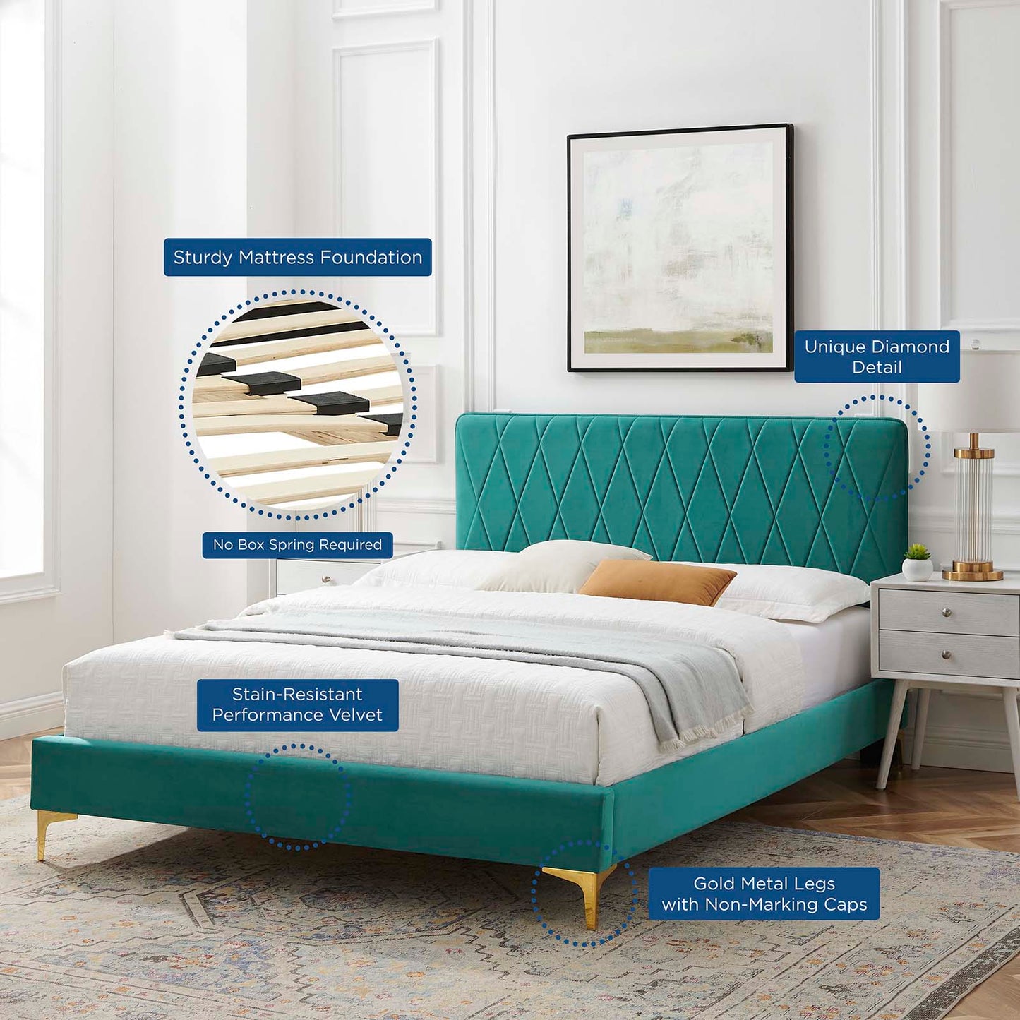 Phillipa Performance Velvet Full Platform Bed, Velvet, Teal Blue, 22944