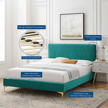 Phillipa Performance Velvet Full Platform Bed, Velvet, Teal Blue, 22944