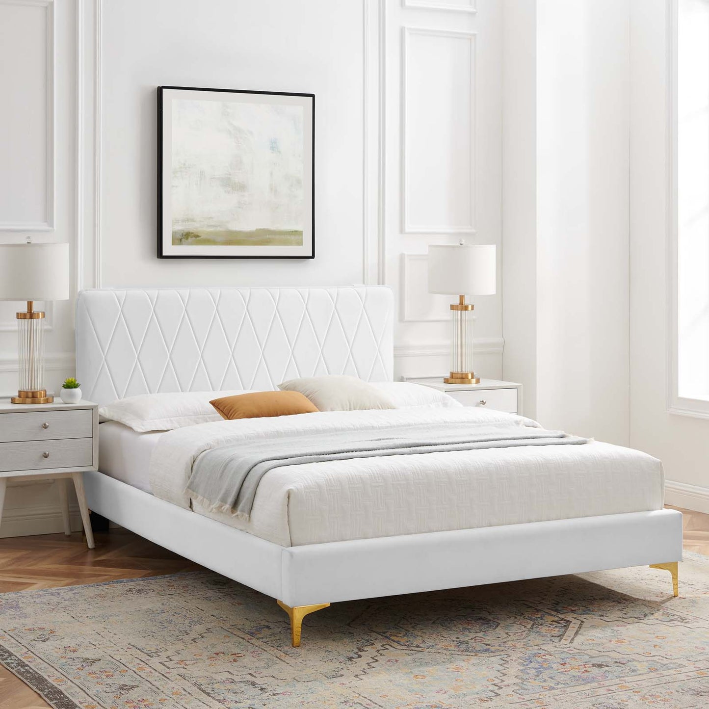 Phillipa Performance Velvet Full Platform Bed, Velvet, White, 22945