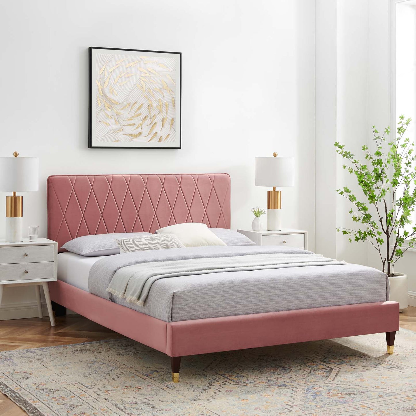 Phillipa Performance Velvet Full Platform Bed, Velvet, Pink, 22947