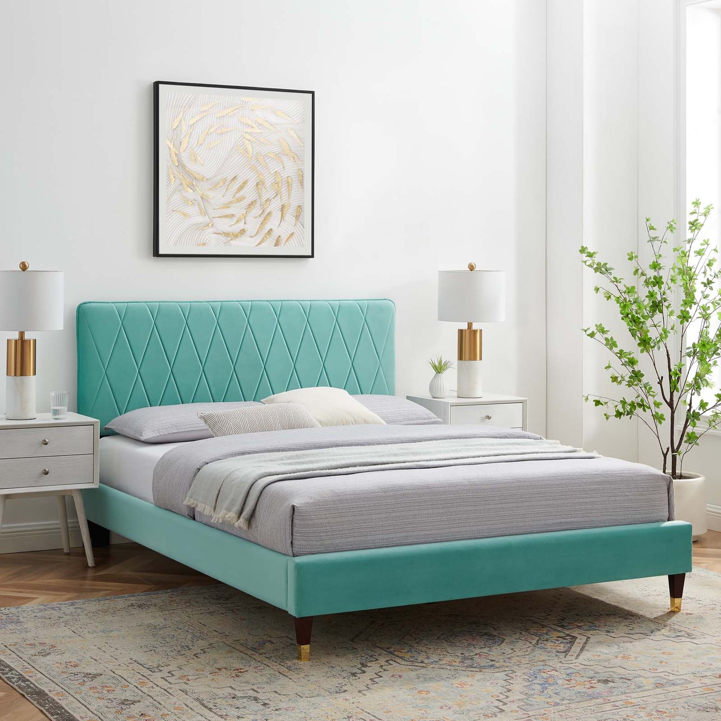 Phillipa Performance Velvet Full Platform Bed, Velvet, Blue, 22949