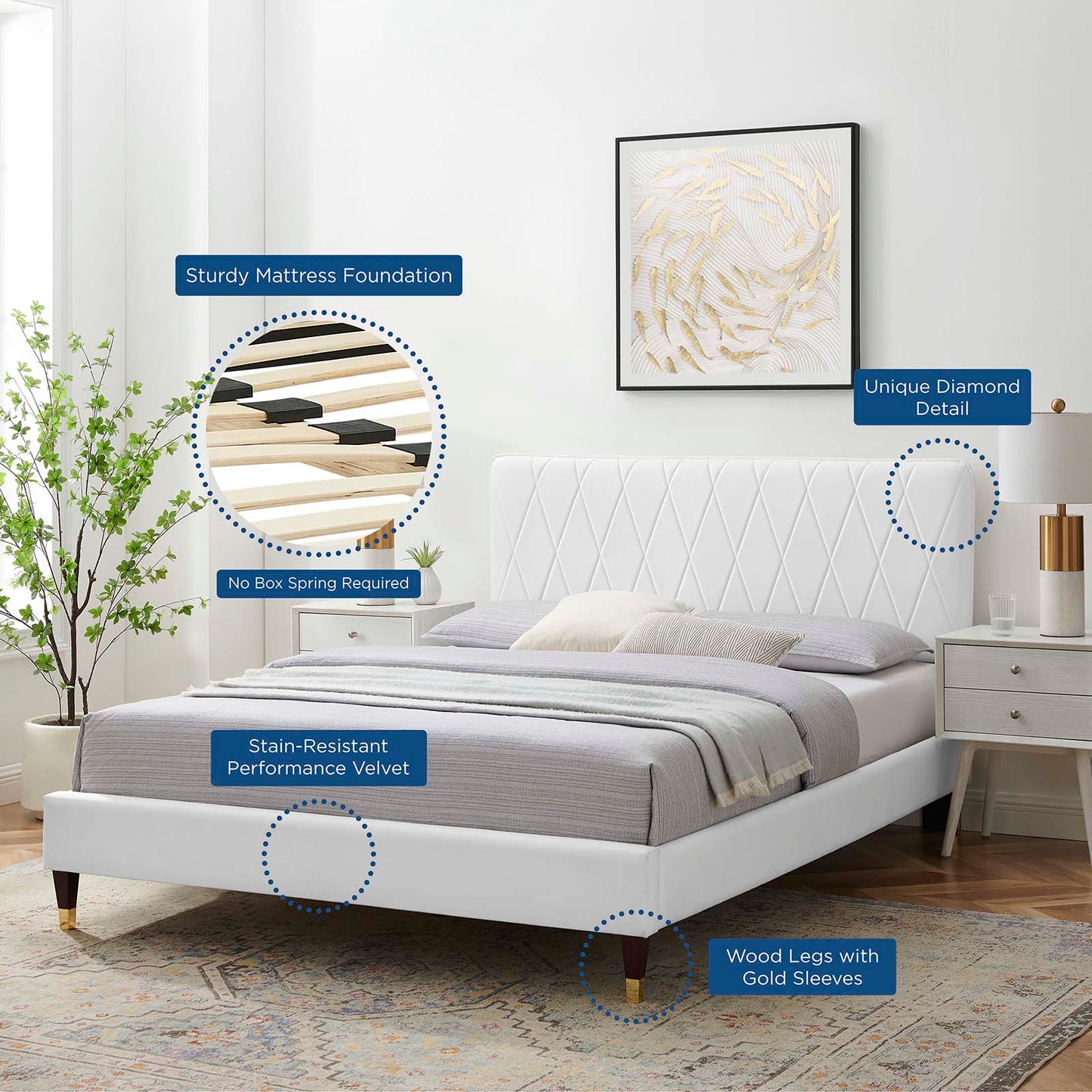 Phillipa Performance Velvet Full Platform Bed, Velvet, White, 22953