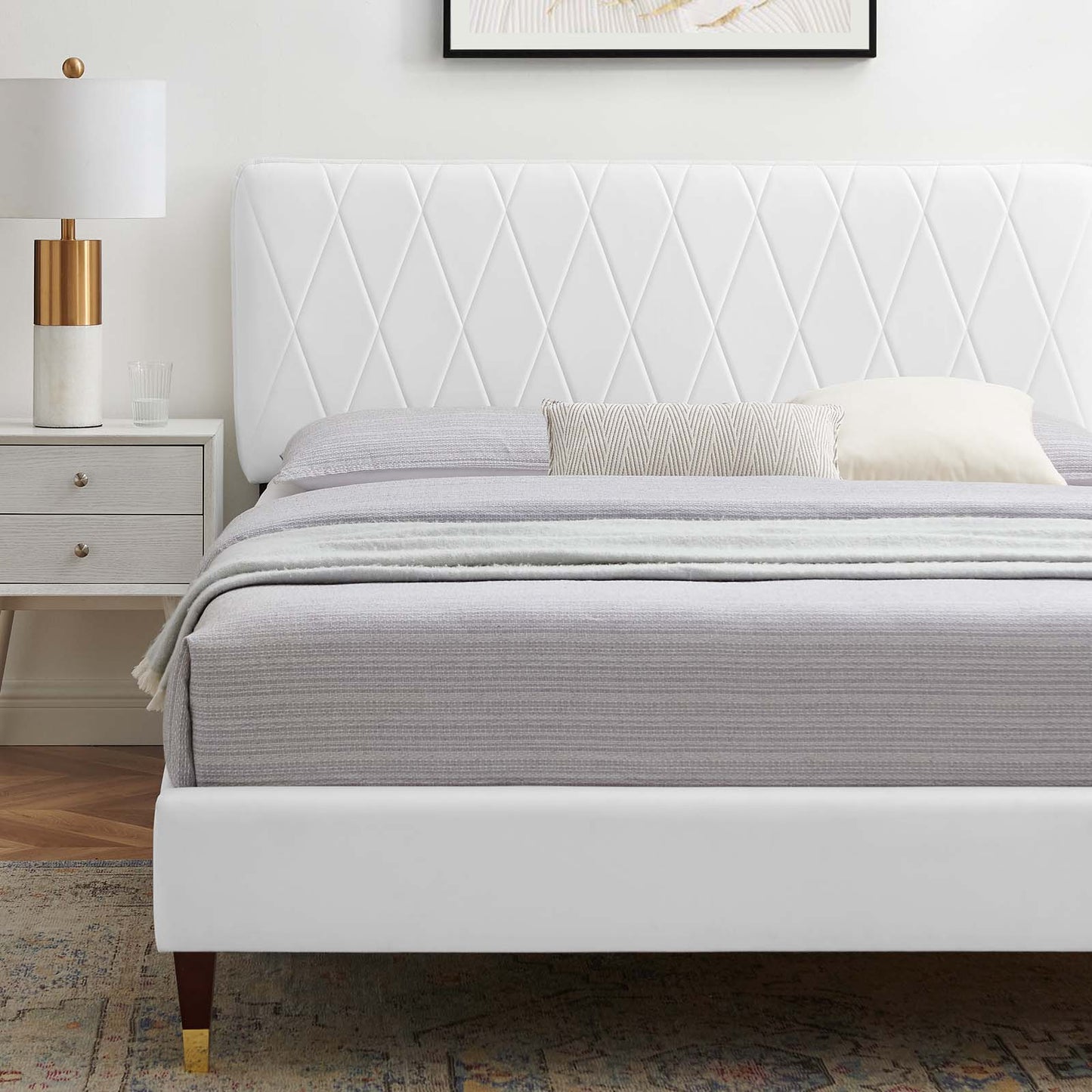 Phillipa Performance Velvet Full Platform Bed, Velvet, White, 22953
