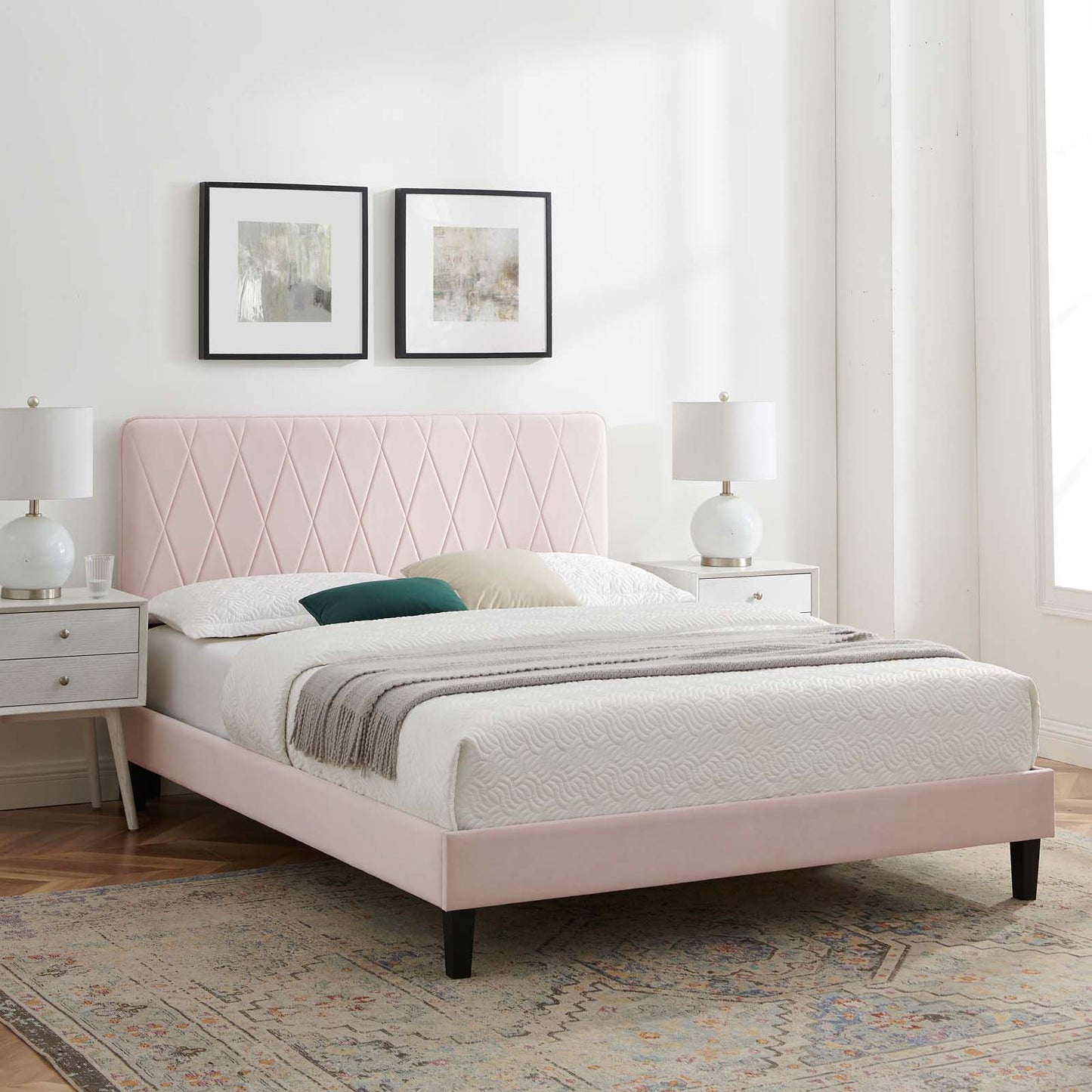 Phillipa Performance Velvet Full Platform Bed, Velvet, Pink, 22959